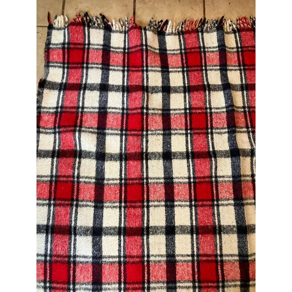 Pine Brooks Maroon Black White Plaid Reversible Fringe Blanket 59”x82” Vintage